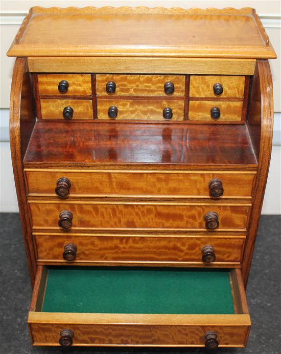 A Fergus Lane miniature George III style satinwood cylinder roll top desk, cylinder bureau 8.5in.